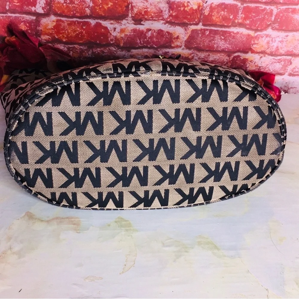 Michael Kors Black and Tan Canvas and LeatherJet Set Signature Logo Tote